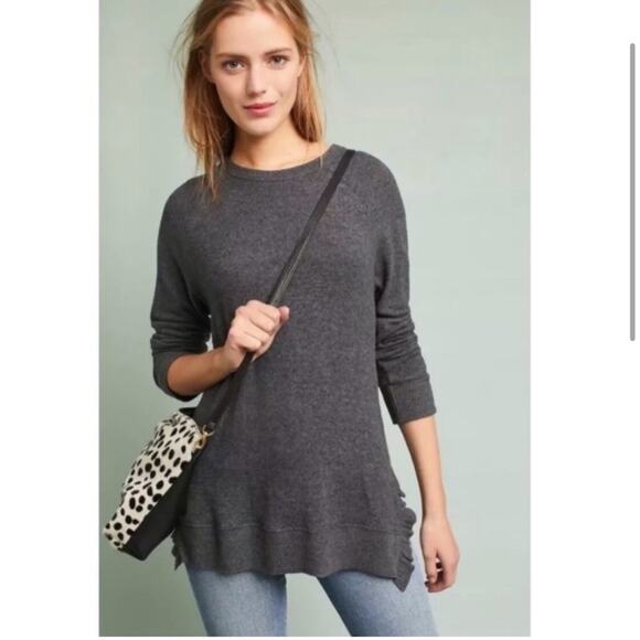ANTHROPOLOGIE GRAY RUFFLE HEM ULTRA SOFT LONG SLEEVE SWEATER SIZE XS - Picture 2 of 9
